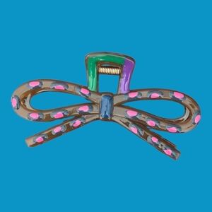 NEW Brown Bow Hair Clip Pink Polka Dot Purple Green Accent Spring Clasp